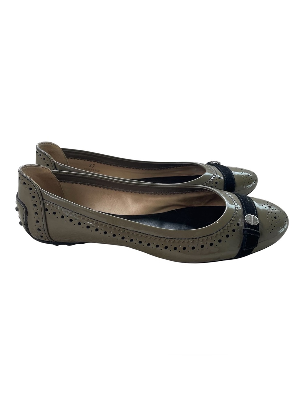 Tod's Olive Green Perforated Patent Leather Flats with Black Accents, Sz 7 or 37
